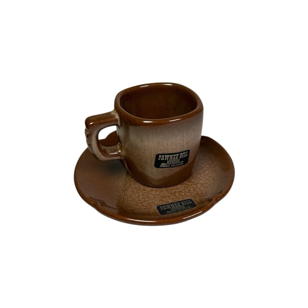 VTG Frankoma 5DE 5DC Cup And Saucer Set Brown Cream Drip Plainsman Pawnee Bill